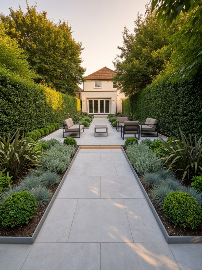 The same garden redesigned with stone paving, clipped planting and a seating area — the same house, the same hedges, the same trees