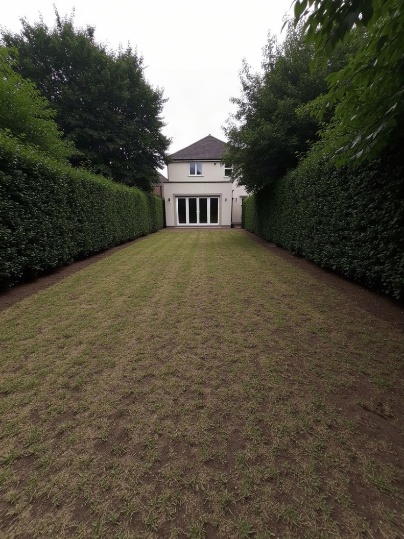 A long narrow back garden: worn lawn between two tall hedges, house at the far end